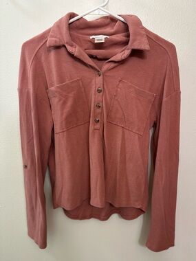 URBAN Romantics Coral Button-Up Cowl Neck Pullover